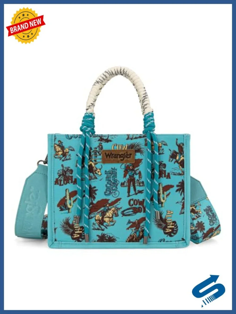 Canvas Tote Bag with Cactus Print, Rope Handle, Crossbody Strap